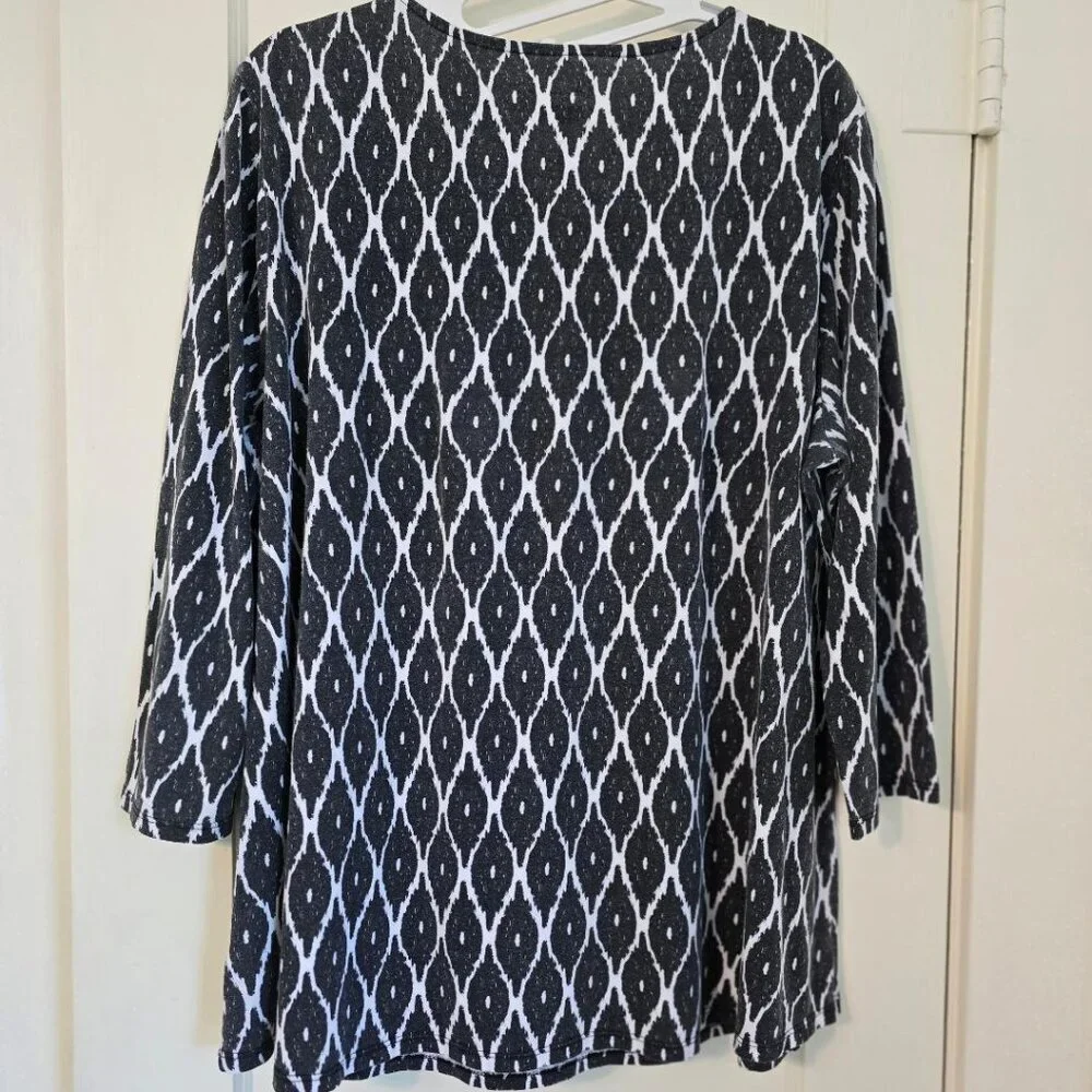 Kim Rogers XL Cotton Black White & Red Tribal Print Split Neck Top / Blouse